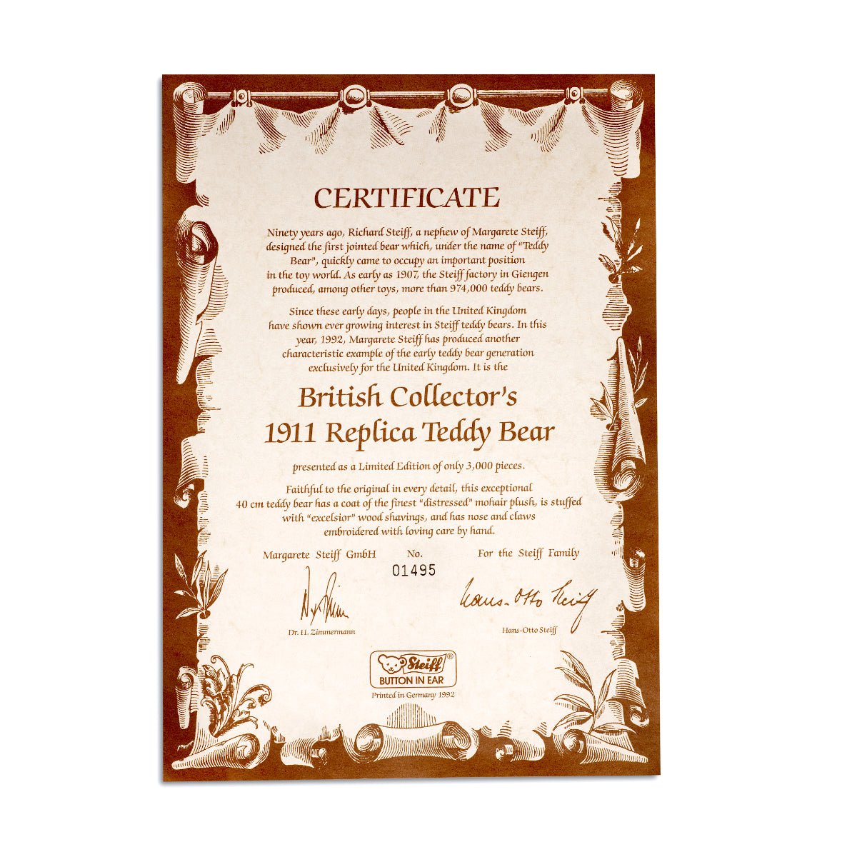 STEIFF 'British Collectors Replica 1911' Bear, a 1992 Limited Edition White Tag 406645