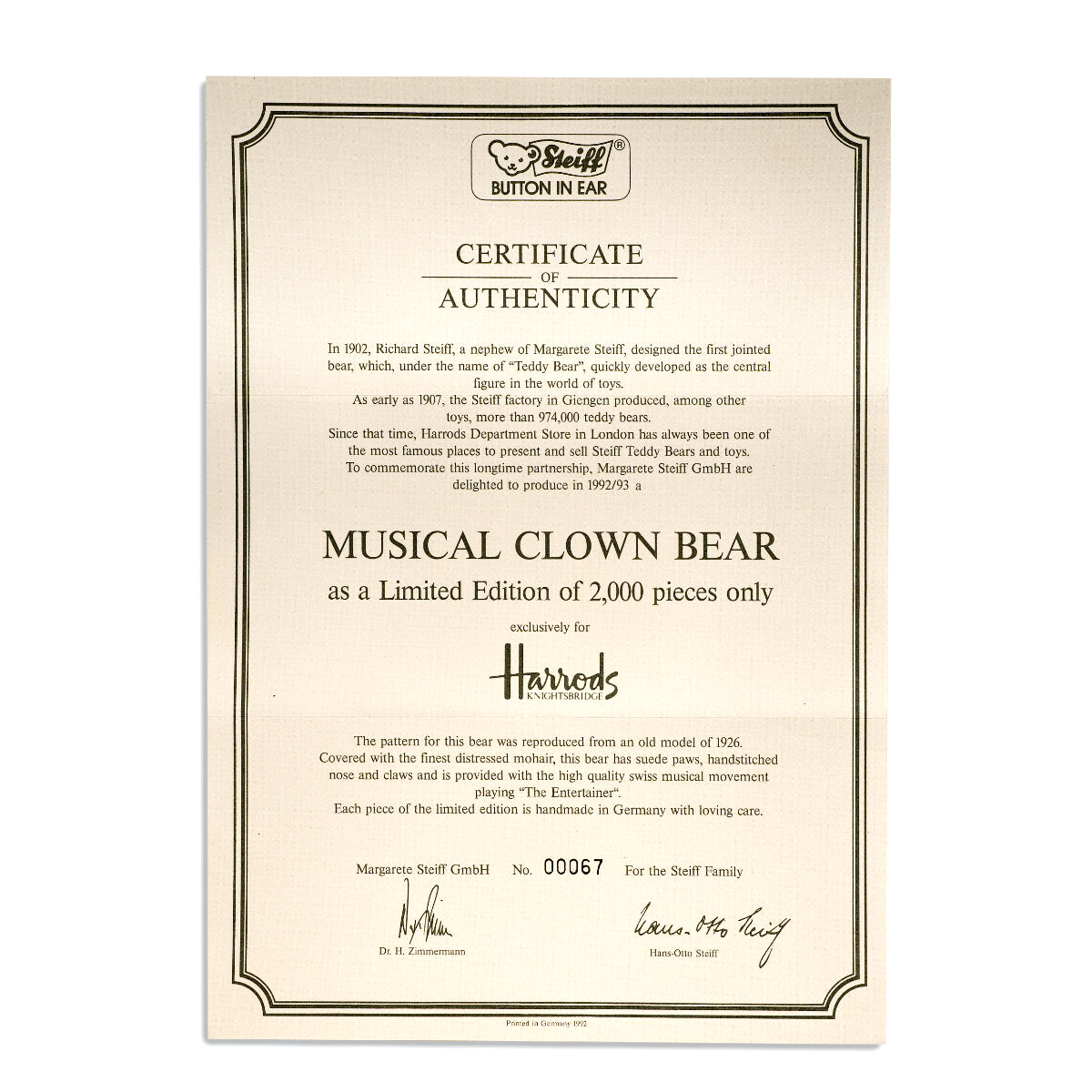 STEIFF for HARRODS 'Musical Clown Bear' 1992 - Limited Edition White Tag 011894
