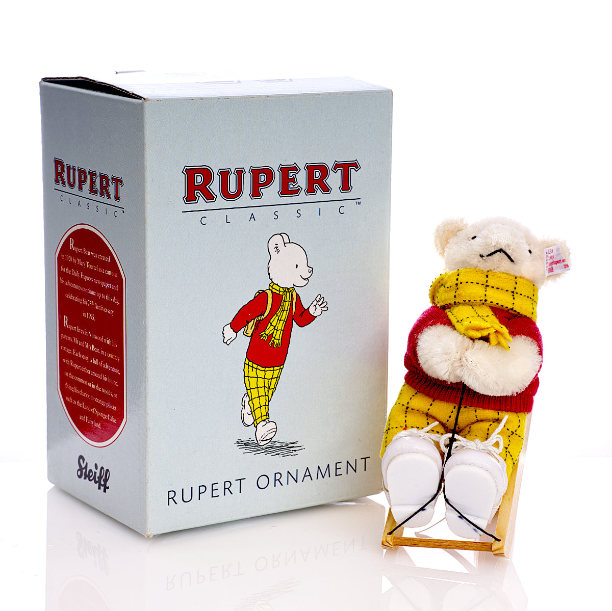 STEIFF 'Rupert Bear with Sledge' Ornament – White Tag 653537 Limited Edition for UK & Ireland