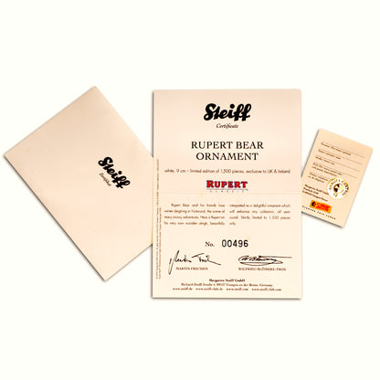 STEIFF 'Rupert Bear with Sledge' Ornament – White Tag 653537 Limited Edition for UK & Ireland