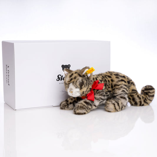 STEIFF 'Minou Lying Tabby Cat' – Vintage Plush, Yellow Tag 074806