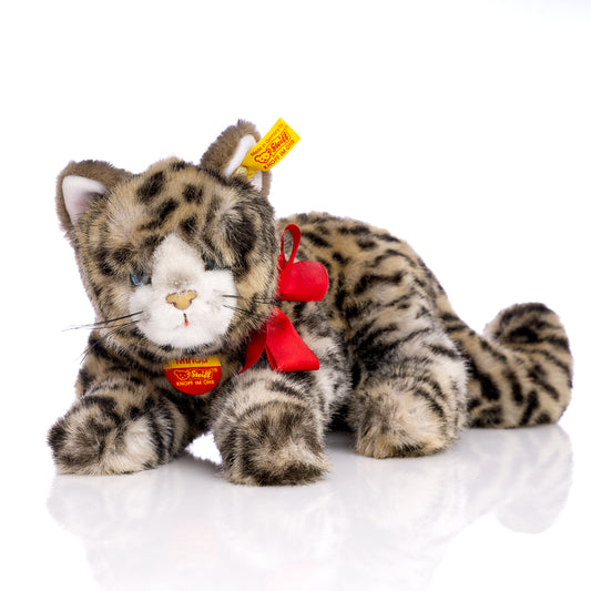 STEIFF 'Minou Lying Tabby Cat' – Vintage Plush, Yellow Tag 074806