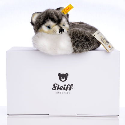 STEIFF - Laying Husky - Yellow Tag 079672, Retired Plush with Tags