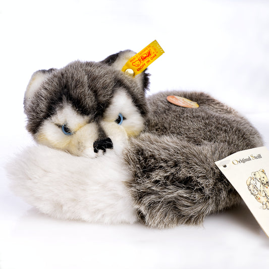 STEIFF - Laying Husky - Yellow Tag 079672, Retired Plush with Tags